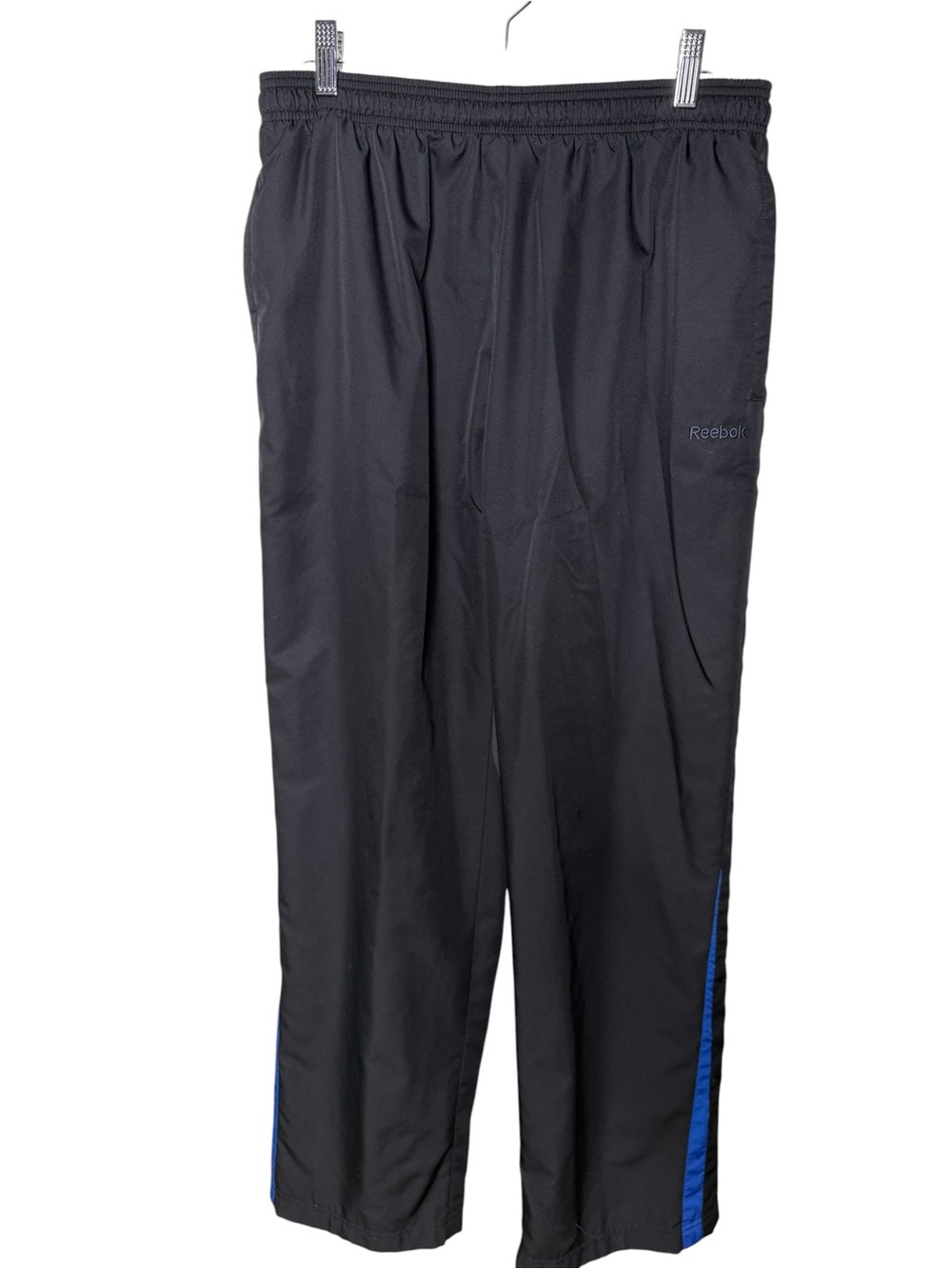 Reebok Mens Medium Black Blue Side Stripe Athletic Track Pants Lightweight